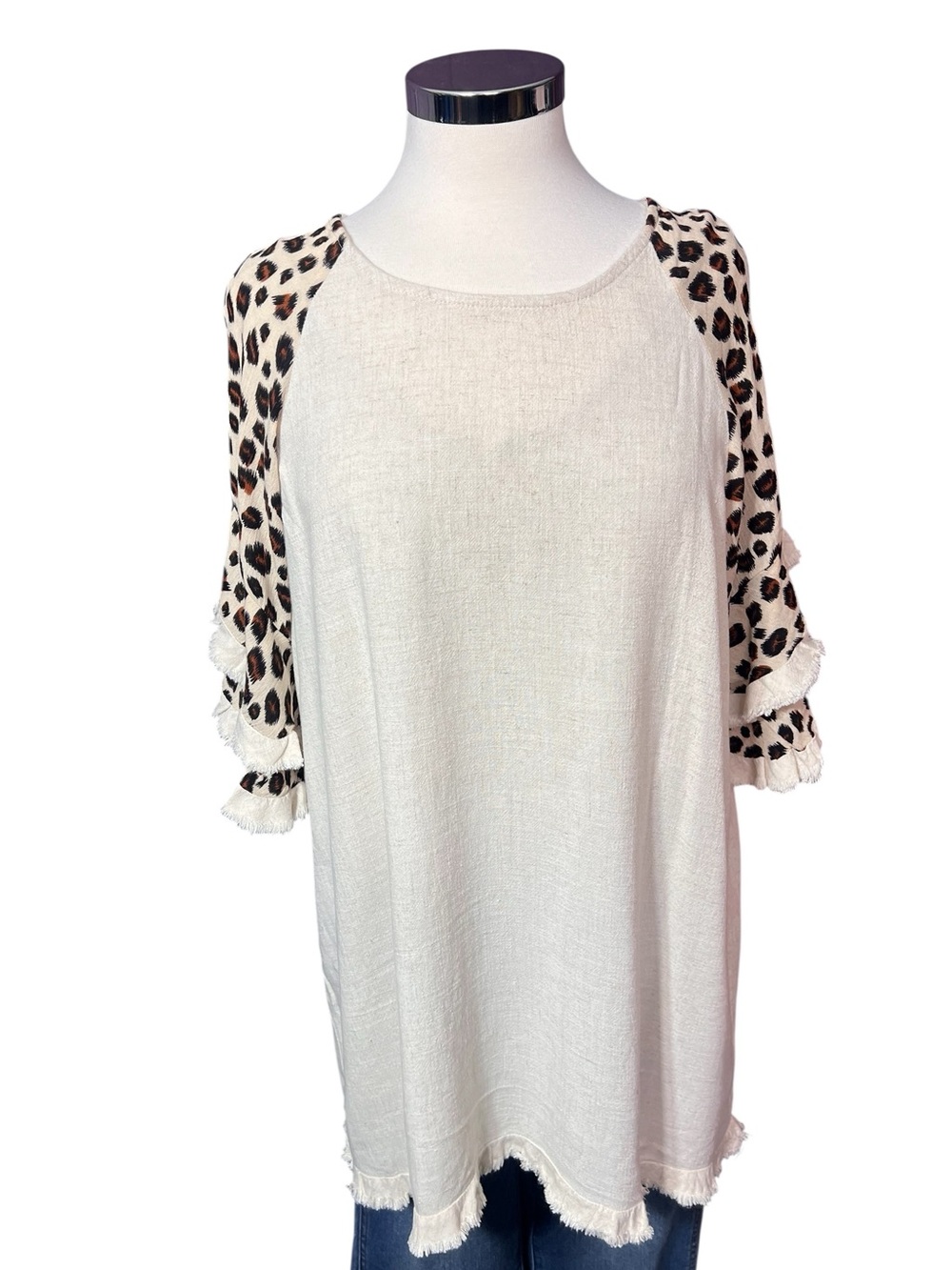 Umgee  Cotton Beige Leopard Sleeve Top